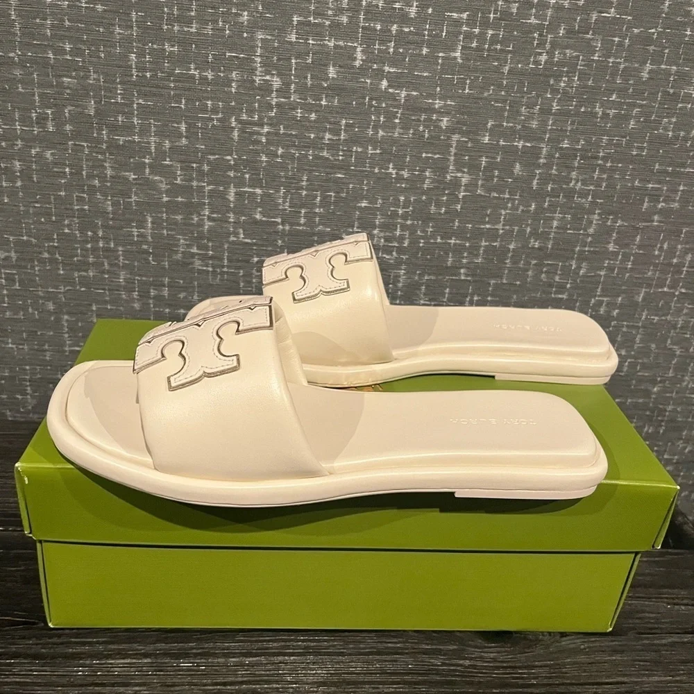 NIB TORY BURCH DOUBLE T SPORT LOGO SLIDE SHOE light cream gold 7.5